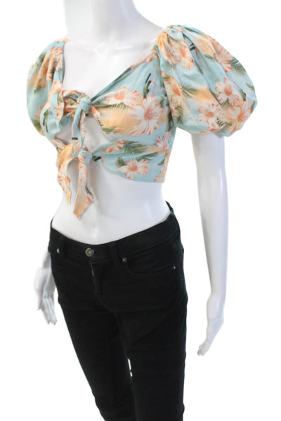 Agua Bendita Womens Puff Sleeve Floral Print Tie Front Crop Top Blue Size S