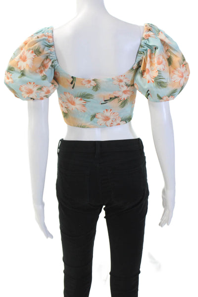 Agua Bendita Womens Puff Sleeve Floral Print Tie Front Crop Top Blue Size S