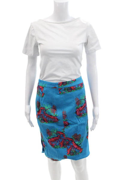 J Crew Womens Cotton Lobster Print Zippered Pencil Mini Skirt Blue Size 0