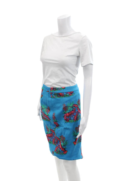 J Crew Womens Cotton Lobster Print Zippered Pencil Mini Skirt Blue Size 0