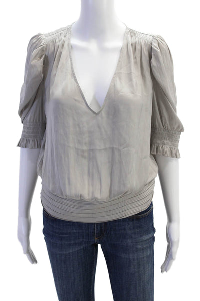 Ramy Brook Womens Pleated V Neck Smocked Short Sleeve Blouse Gray Size S