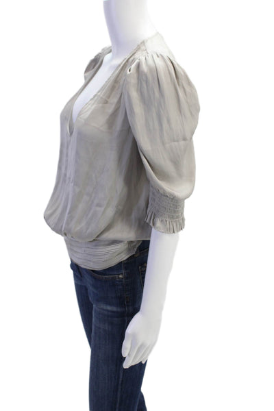 Ramy Brook Womens Pleated V Neck Smocked Short Sleeve Blouse Gray Size S