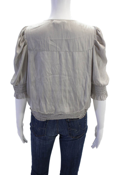 Ramy Brook Womens Pleated V Neck Smocked Short Sleeve Blouse Gray Size S