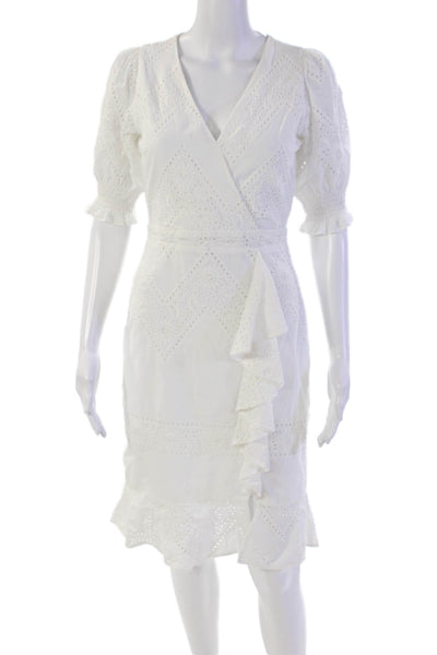 Yumi Kim Womens Back Zip Short Sleeve Ruffled Eyelet Dress White Size Small