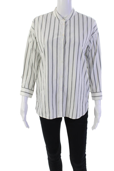 Joie Womens Button Front Long Sleeve Crew Neck Striped Shirt White Black 2XS