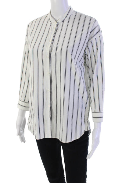 Joie Womens Button Front Long Sleeve Crew Neck Striped Shirt White Black 2XS
