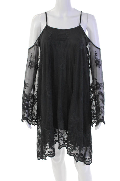 Elan Womens Floral Lace Long Sleeve Cold Shoulder Mini Dress Black Size M