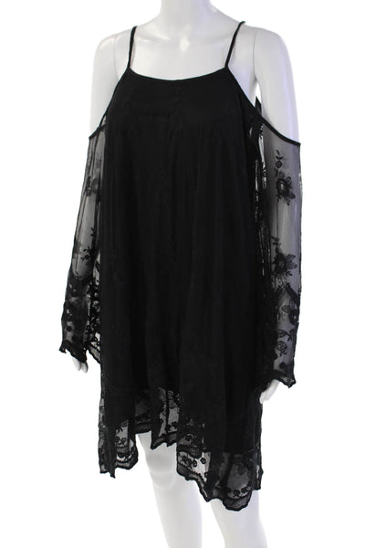 Elan Womens Floral Lace Long Sleeve Cold Shoulder Mini Dress Black Size M