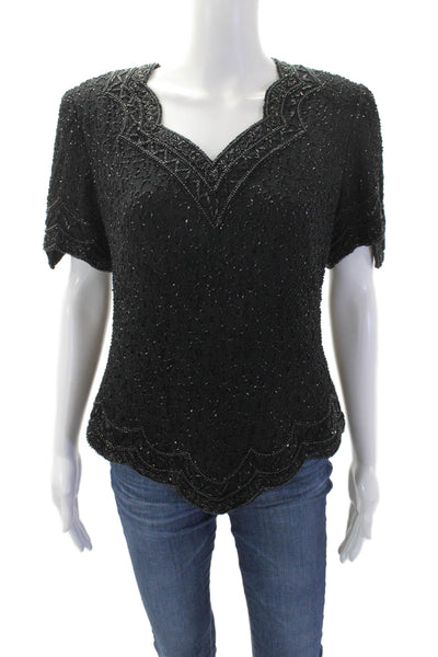 Laurence Kazar Womens Beaded V-Neck Short Sleeve Blouse Black Size S