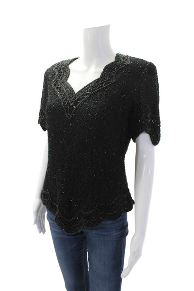 Laurence Kazar Womens Beaded V-Neck Short Sleeve Blouse Black Size S