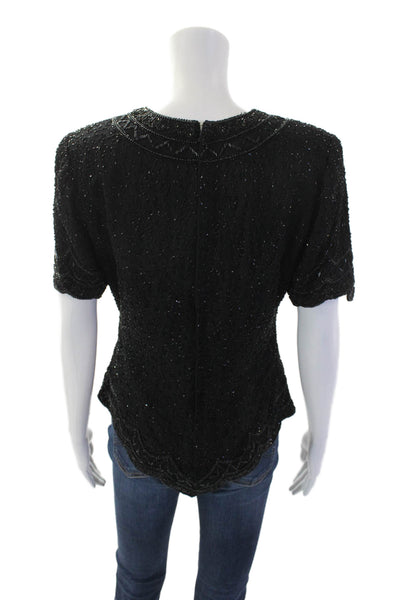 Laurence Kazar Womens Beaded V-Neck Short Sleeve Blouse Black Size S