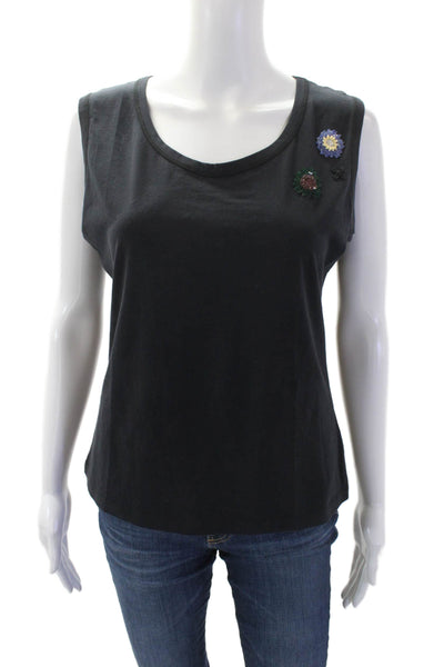 Piazza Sempione Womens Cotton Sequined Detail Round Neck Tank Top Black Size 48