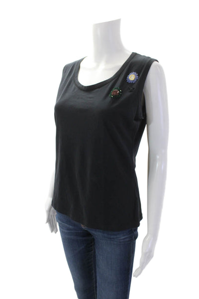Piazza Sempione Womens Cotton Sequined Detail Round Neck Tank Top Black Size 48