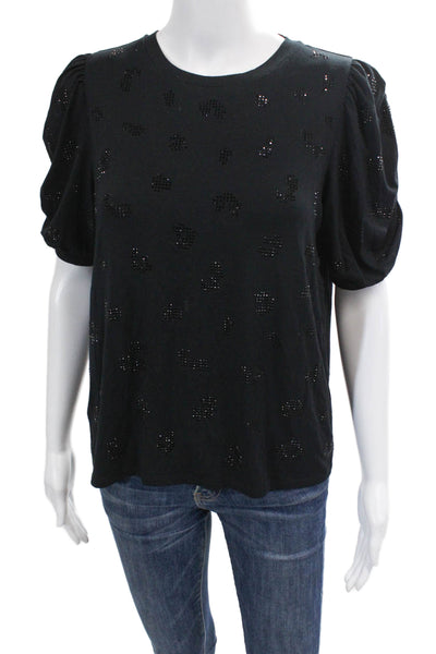 Generation Love Womens Short Puff Sleeve Rhinestone Top Black Size S
