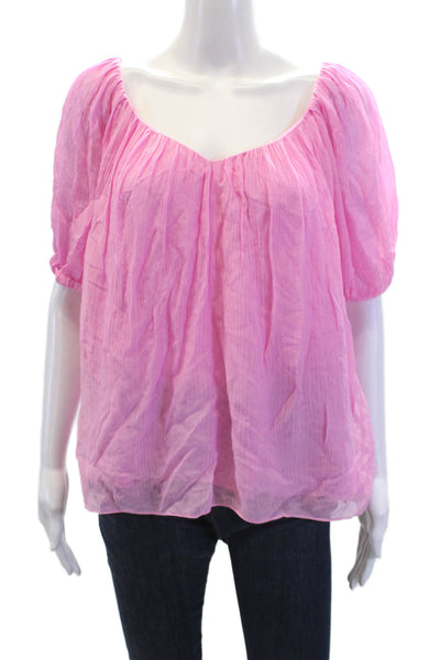 Rebecca Taylor Womens V Neck Short Puffy Sleeves Blouse Pink Size Medium