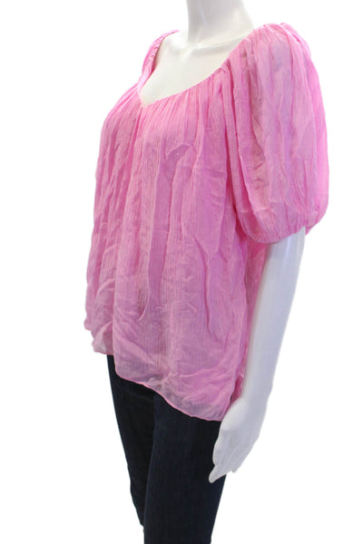Rebecca Taylor Womens V Neck Short Puffy Sleeves Blouse Pink Size Medium