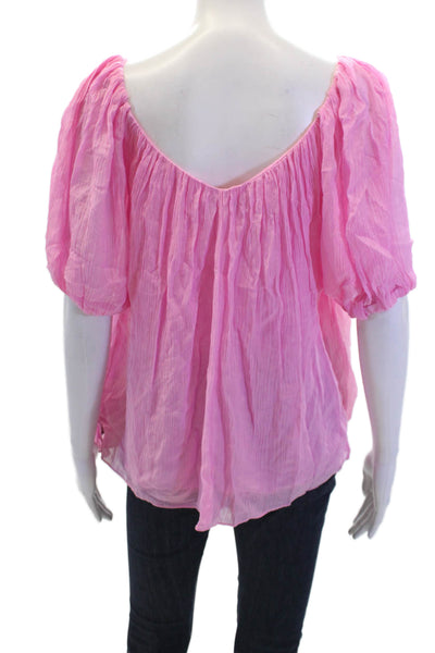 Rebecca Taylor Womens V Neck Short Puffy Sleeves Blouse Pink Size Medium