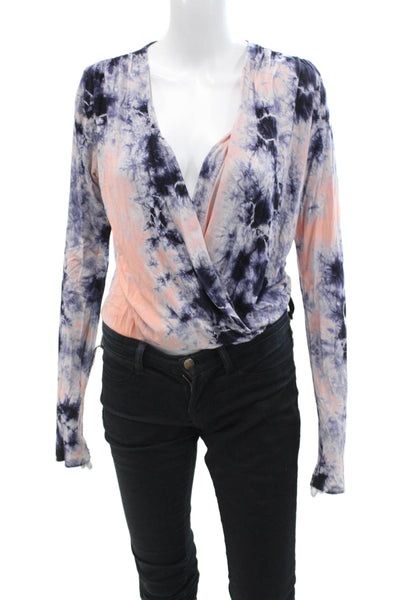 Young Fabulous & Broke Womens Tie-Dye V-Neck Wrap Blouse Blue Size XS