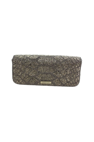 BCBG Max Azria Womens Beaded Flap Button Closure Clutch Handbag Gold