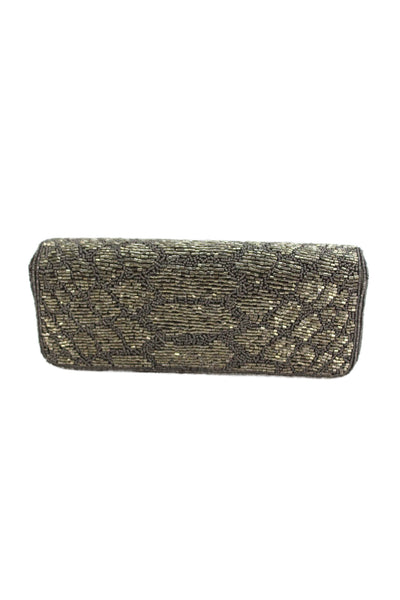 BCBG Max Azria Womens Beaded Flap Button Closure Clutch Handbag Gold