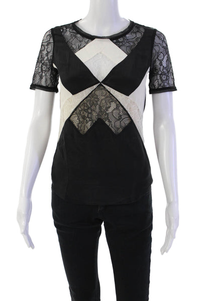 Karen Millen Women's Round Neck Short Sleeves Lace Trim Blouse Black Size 6