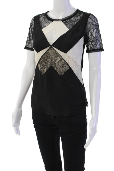 Karen Millen Women's Round Neck Short Sleeves Lace Trim Blouse Black Size 6