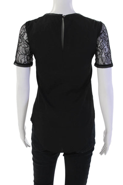 Karen Millen Women's Round Neck Short Sleeves Lace Trim Blouse Black Size 6