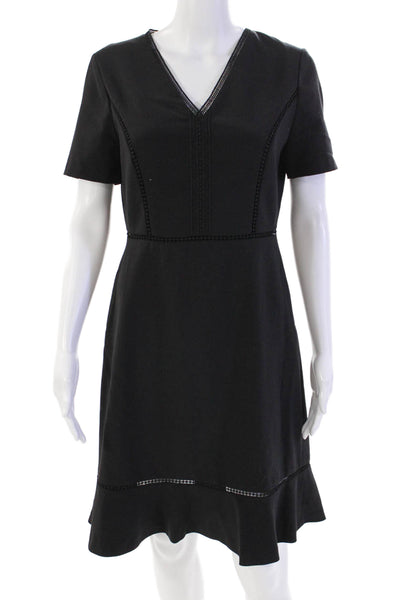 T Tahari Women's V-Neck Short Sleeves Lace Trim Mini Dress Black Size 6