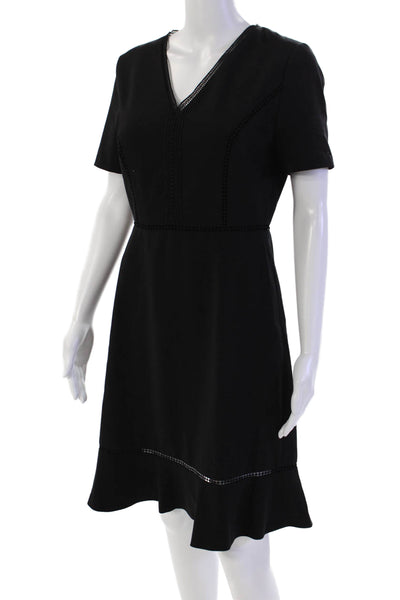 T Tahari Women's V-Neck Short Sleeves Lace Trim Mini Dress Black Size 6
