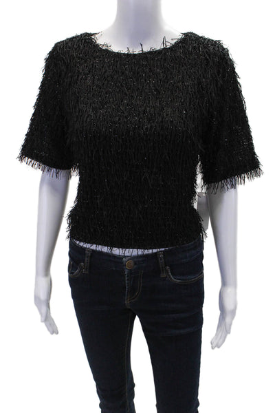 Garcia Women's Round Neck Short Sleeves Fringe Sparkle Cropped Top Black Size M
