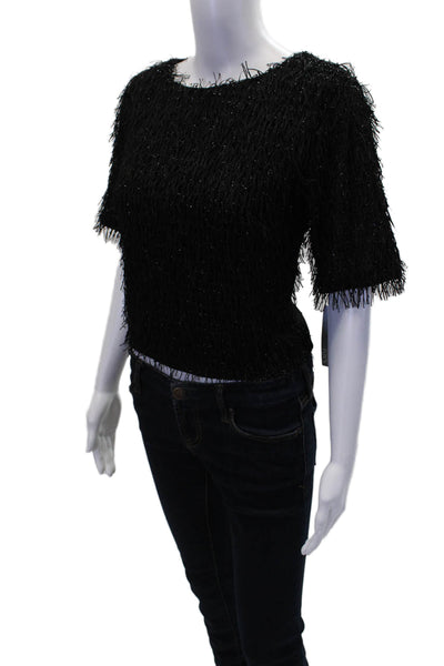Garcia Women's Round Neck Short Sleeves Fringe Sparkle Cropped Top Black Size M