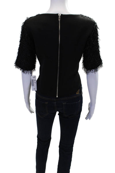 Garcia Women's Round Neck Short Sleeves Fringe Sparkle Cropped Top Black Size M