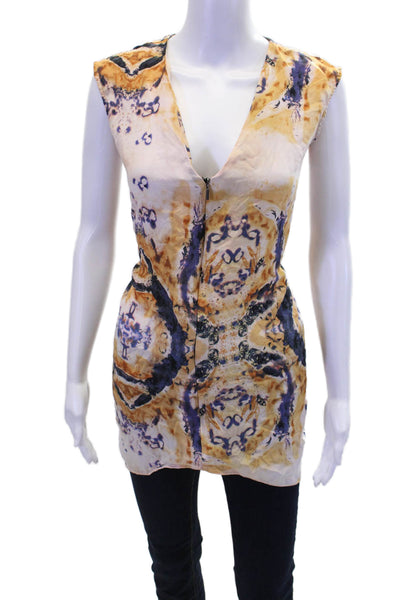Geren Ford Womens Abstract Print V-Neck Zip Up Tank Top Blouse Orange Size S