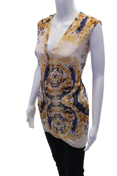 Geren Ford Womens Abstract Print V-Neck Zip Up Tank Top Blouse Orange Size S