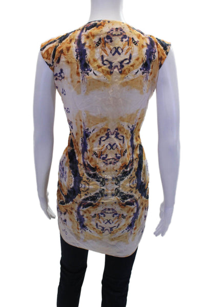 Geren Ford Womens Abstract Print V-Neck Zip Up Tank Top Blouse Orange Size S