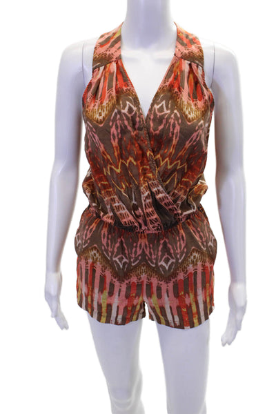 BCBGMAXAZRIA Womens Silk Abstract Two Pocket Sleeveless Romper Orange Size XXS