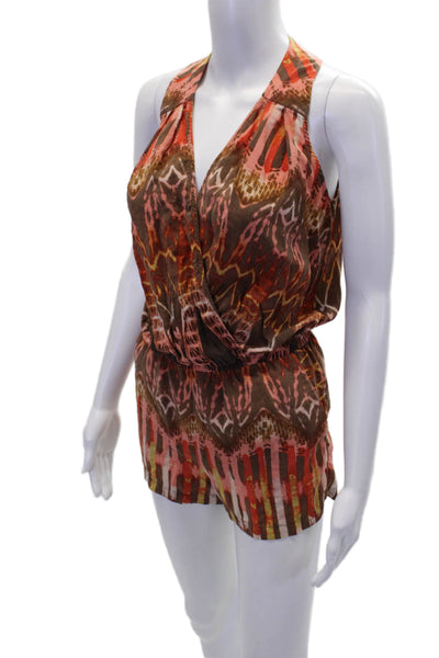 BCBGMAXAZRIA Womens Silk Abstract Two Pocket Sleeveless Romper Orange Size XXS