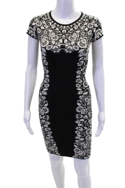BCBGMAXAZRIA Womens Stretch Knit Floral Short Sleeve Mid-Calf Black Size XS