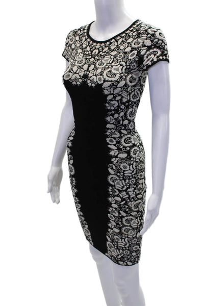 BCBGMAXAZRIA Womens Stretch Knit Floral Short Sleeve Mid-Calf Black Size XS