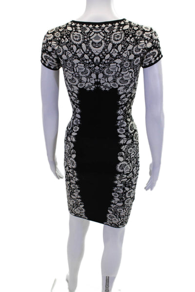 BCBGMAXAZRIA Womens Stretch Knit Floral Short Sleeve Mid-Calf Black Size XS