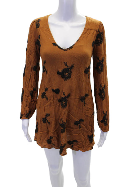 Free People Womens Embroidered V-Neck Long Sleeve Mini Dress Brown Size XS