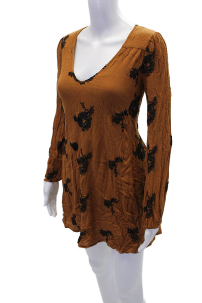 Free People Womens Embroidered V-Neck Long Sleeve Mini Dress Brown Size XS
