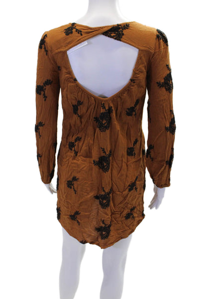 Free People Womens Embroidered V-Neck Long Sleeve Mini Dress Brown Size XS