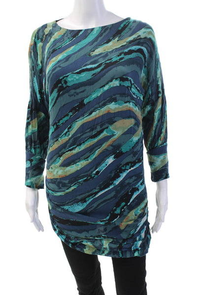 Kelly Wearstler Womens Silk Abstract Long Sleeve Ruched Blouse Blue Size 0