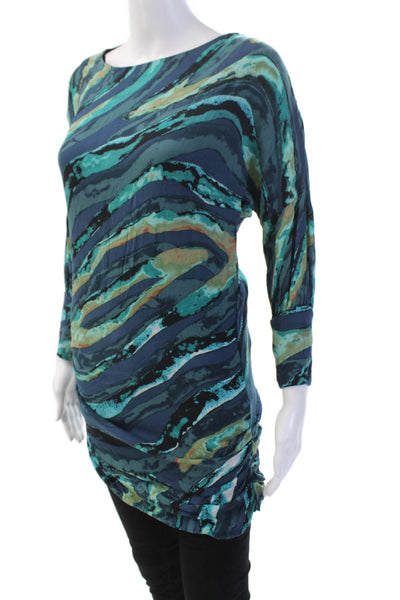 Kelly Wearstler Womens Silk Abstract Long Sleeve Ruched Blouse Blue Size 0