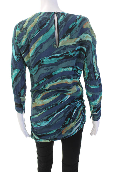 Kelly Wearstler Womens Silk Abstract Long Sleeve Ruched Blouse Blue Size 0
