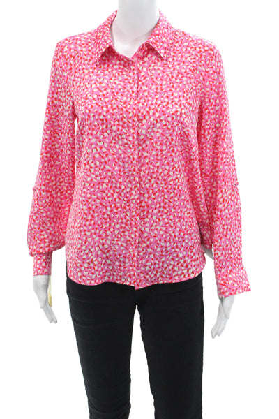 Renuar Womens Abstract Print Button Down Blouse Pink Red Size Extra Small