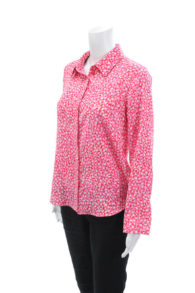 Renuar Womens Abstract Print Button Down Blouse Pink Red Size Extra Small
