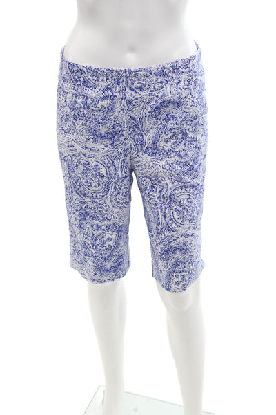 Renuar Womens Abstract Print Comfort Waist High Rise Shorts White Blue Size 2