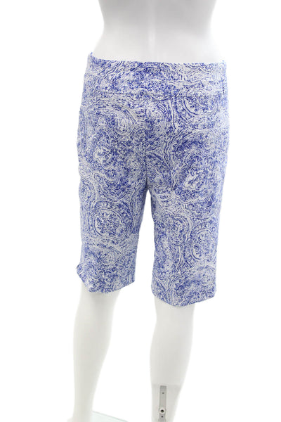 Renuar Womens Abstract Print Comfort Waist High Rise Shorts White Blue Size 2